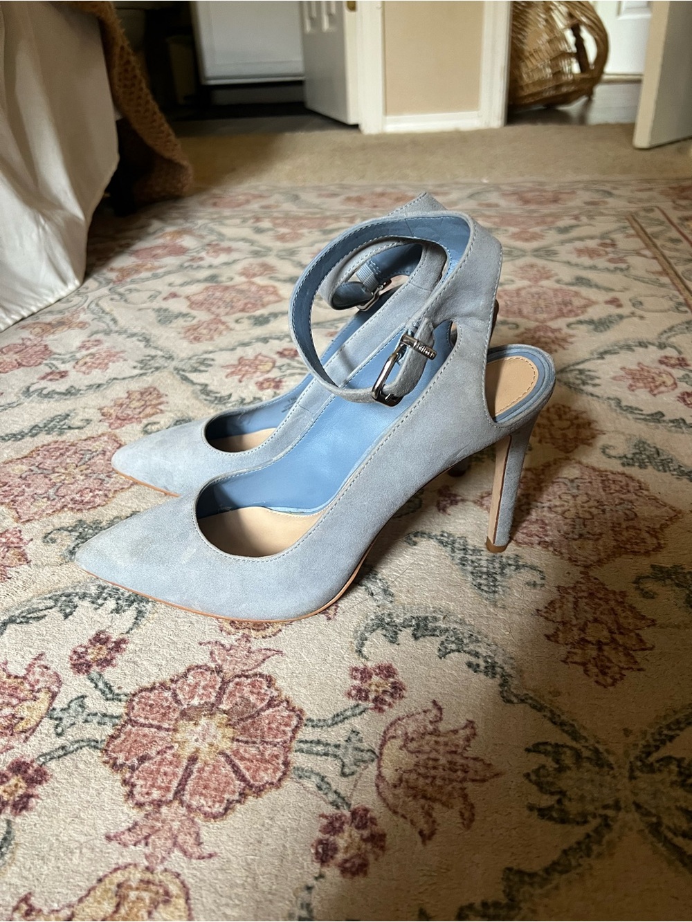 Gianni Bini Light Blue Suede Pointed-Toe Slingback Heels with Ankle Strap